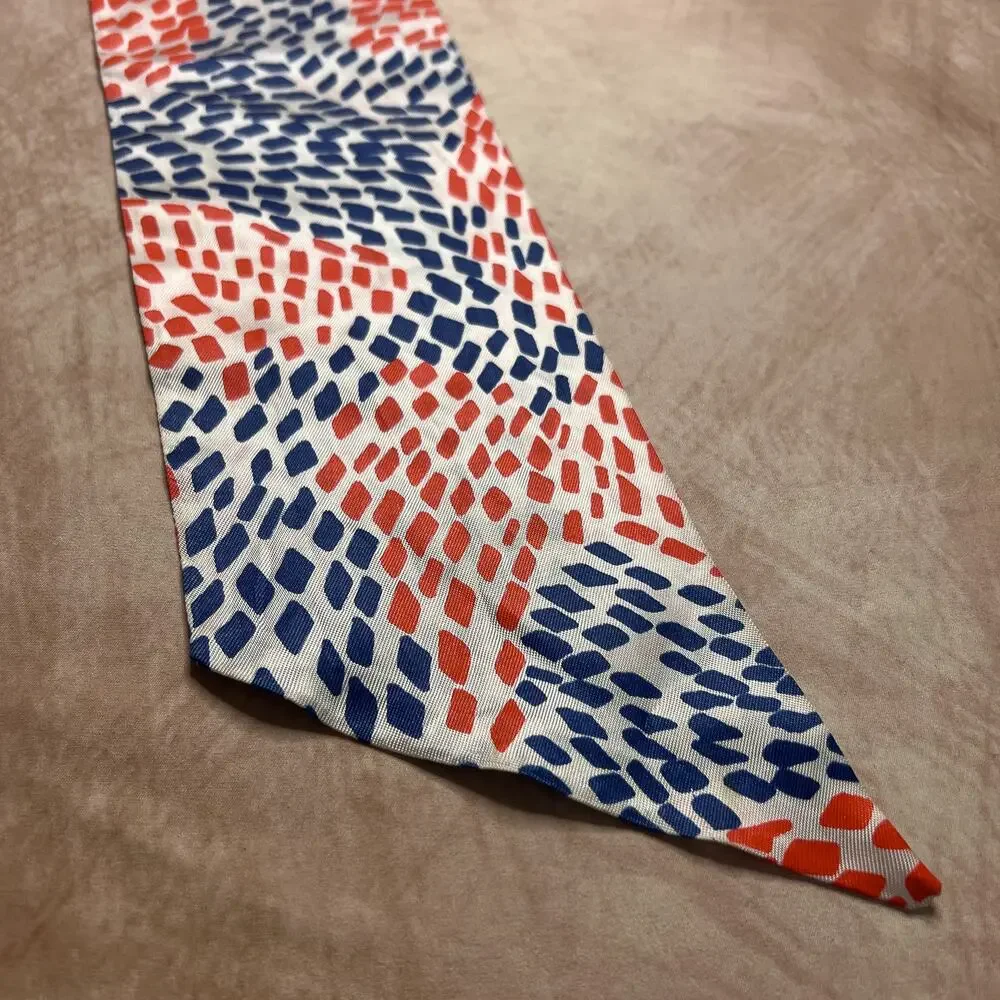 Vintage 70s Geometric Ascot Scarf Red Blue Tie Satin Retro CostumeDisco Hippie